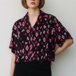 Vintage 80s 90s black pink sequin button up crop top Glam barbiecore disco